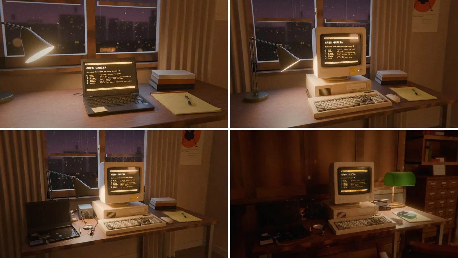 Four renders of the desk: a generic laptop by a rainy window at night, a beige CRT computer in the same spot, the CRT with a hacking corner and an Apollo poster, and the oak study after dark with a green banker's lamp