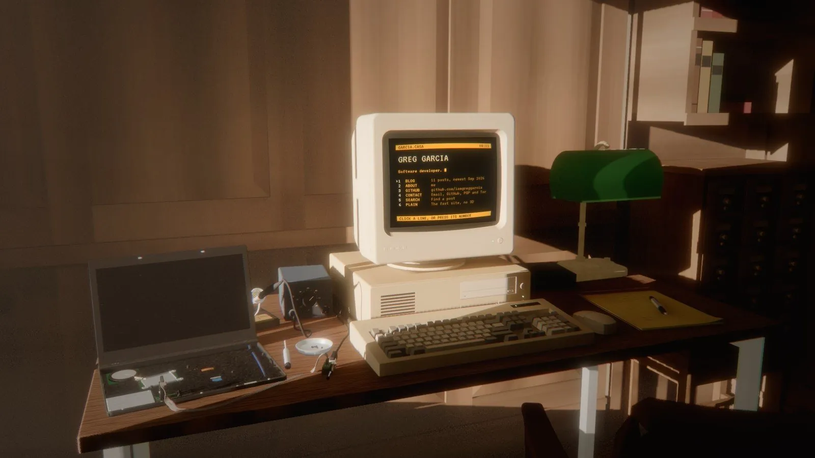 The homepage: a beige CRT computer on a wooden desk in an oak-panelled study at golden hour, with a green banker's lamp, a card catalog, a legal pad, and an opened laptop with a soldering station on the left