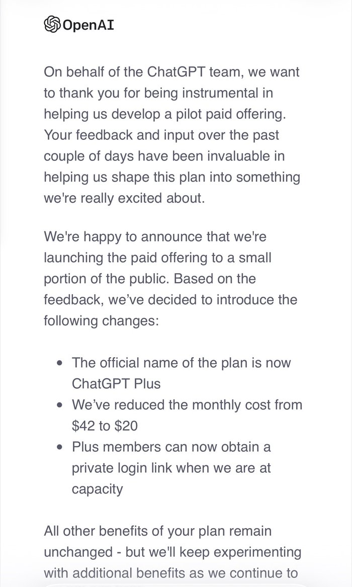 Email from OpenAI: the plan is now ChatGPT Plus, the monthly cost is reduced from $42 to $20, and Plus members can get a private login link when ChatGPT is at capacity
