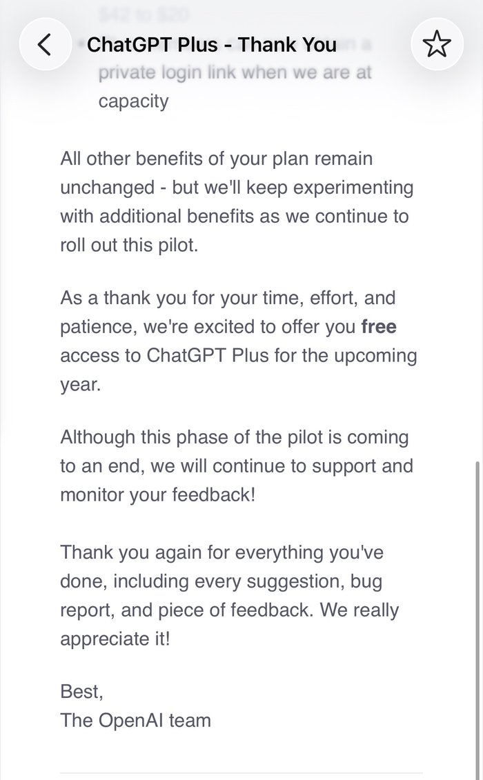 Email from OpenAI offering free access to ChatGPT Plus for the upcoming year as a thank you