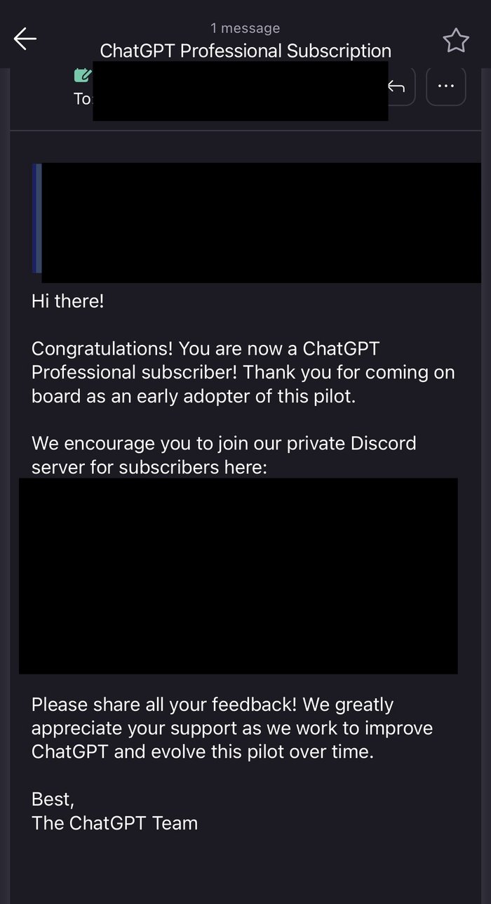 Email from the ChatGPT Team: Congratulations! You are now a ChatGPT Professional subscriber!